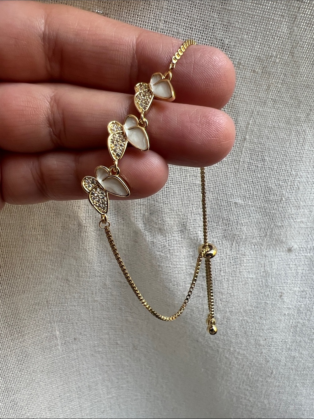 Gold tone Butterfly Accent Adjustable Bracelet - White Enamel
